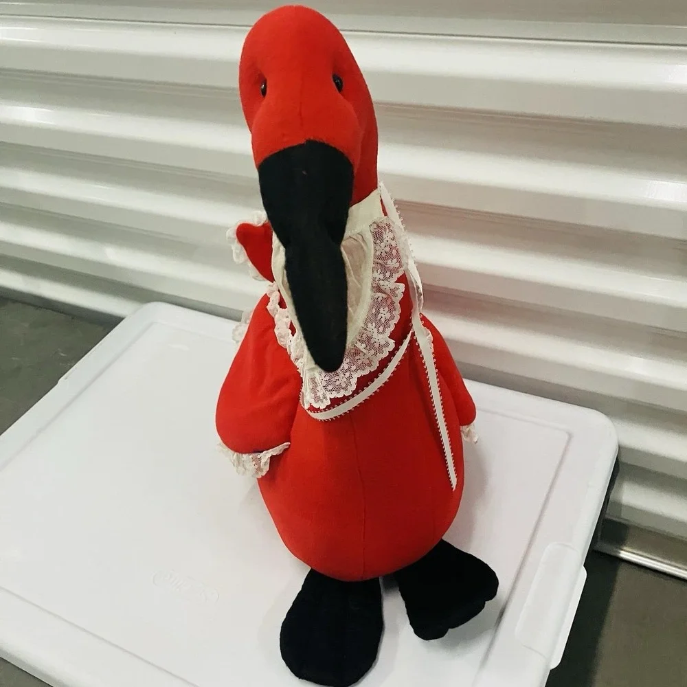 VTG Plush Porch Goose Door Stopper Decor Red Apron Prairie Lace Trim Duck